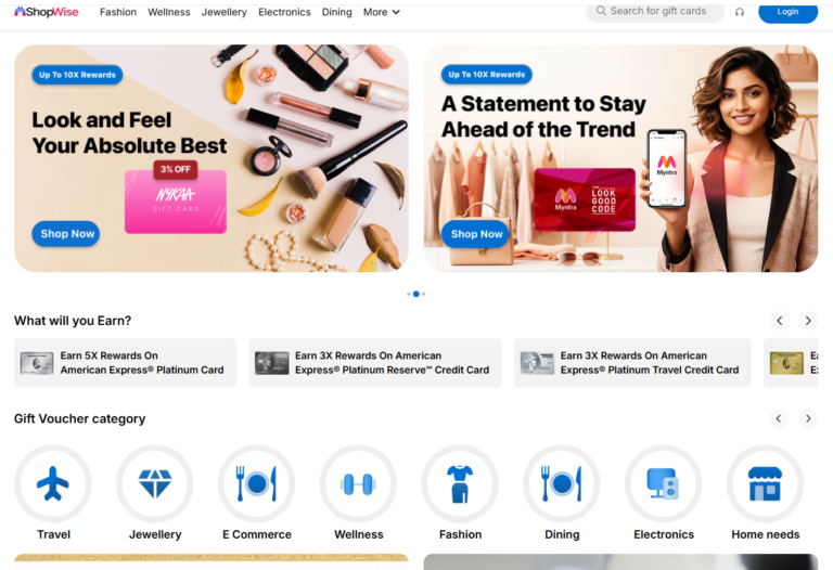ShopWise American Express e-voucher portal homepage featuring gift card categories like E-Commerce, Fashion, Dining, and promotional banners for Nykaa and Myntra with up to 10X Membership Rewards points on select Amex cards.