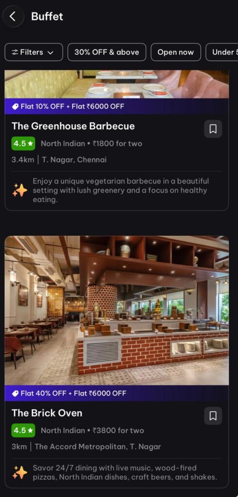 istrict by Zomato app showing Flat ₹6000 OFF + percentage discounts on buffet restaurants in T. Nagar Chennai: The Greenhouse Barbecue (veg BBQ, 4.5★) and The Brick Oven (North Indian, live music, 4.5★) – perfect for redeeming Blinkit free dining voucher up to ₹6000