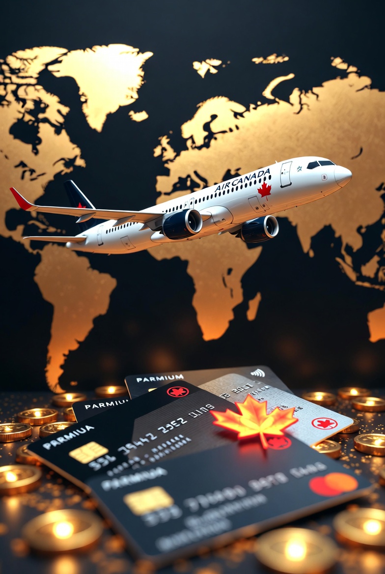 Aeroplan sweet spots India: Air Canada airplane flying over world map with premium credit cards and rewards points, representing business class redemptions from India using HDFC Infinia and Axis Magnus