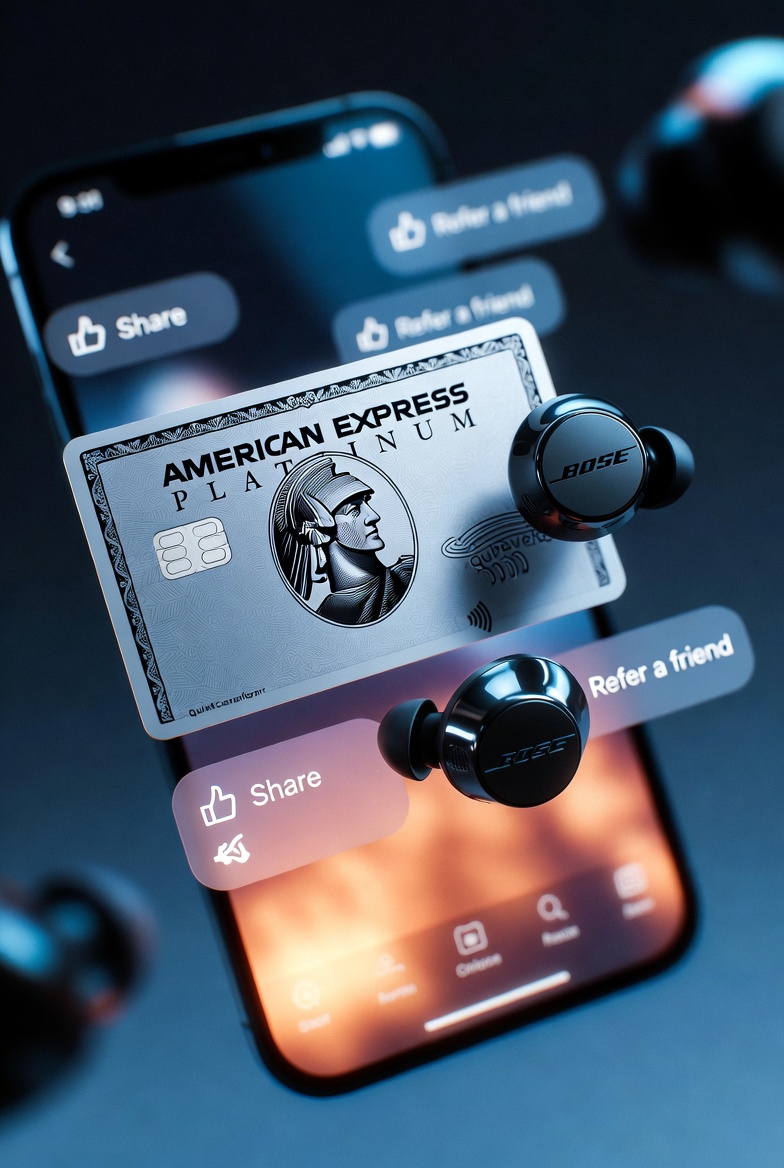 American Express Platinum Card displayed on a smartphone screen with Bose QuietComfort Earbuds floating nearby, featuring "Refer a Friend" buttons and social share icons for the referral rewards program.
