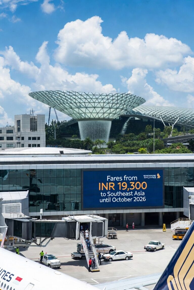 A digital billboard at an airport terminal displaying a Singapore Airlines promotion for 'Fares from INR 19,300 to Southeast Asia until October 2026,' with the iconic glass dome and indoor waterfall of Jewel Changi Airport in the background.