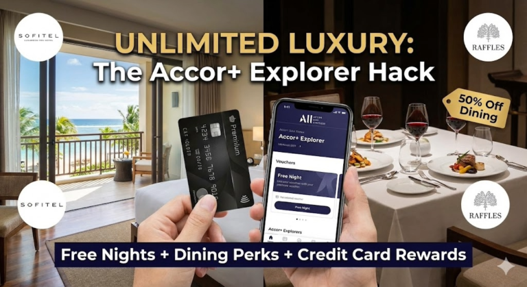 Luxury Accor+ Explorer hack: Sofitel balcony ocean view, Raffles suite, premium credit card, app showing free night vouchers, 30% dining discount, and 50% Red Hot Rooms tag for Asia-Pacific stays