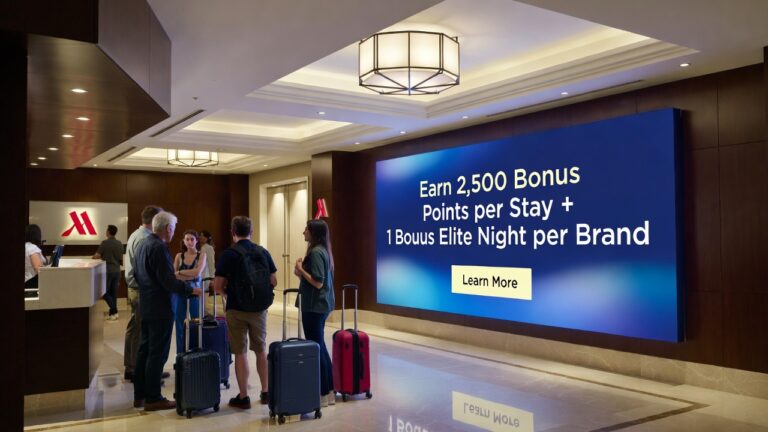 A Marriott hotel lobby scene featuring a large digital display board announcing the Q1 2026 Global Promotion. The screen reads: 'Earn 2,500 Bonus Points per Stay + 1 Bonus Elite Night per Brand'. Guests are shown checking in at the reception desk.