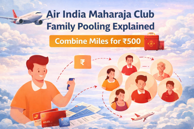 Air India Maharaja Club Family Pooling illustration showing how family members can combine miles into one account for award flights and upgrades.