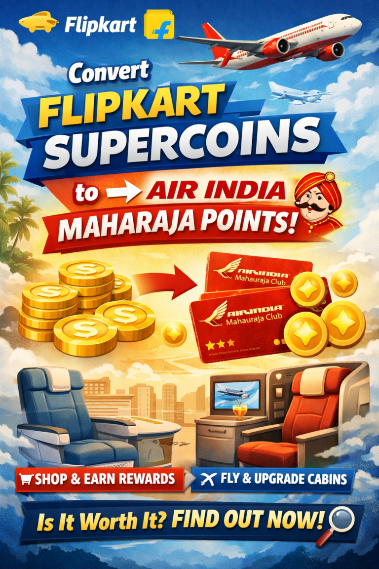A vibrant promotional illustration showing gold Flipkart SuperCoins transforming into red Air India Maharaja Club cards and points, set against a background featuring an Air India plane and luxury business class cabin seats.