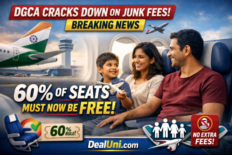 Illustration of a happy family sitting together on an airplane highlighting DGCA rule mandating 60% free seat allocation without extra charges