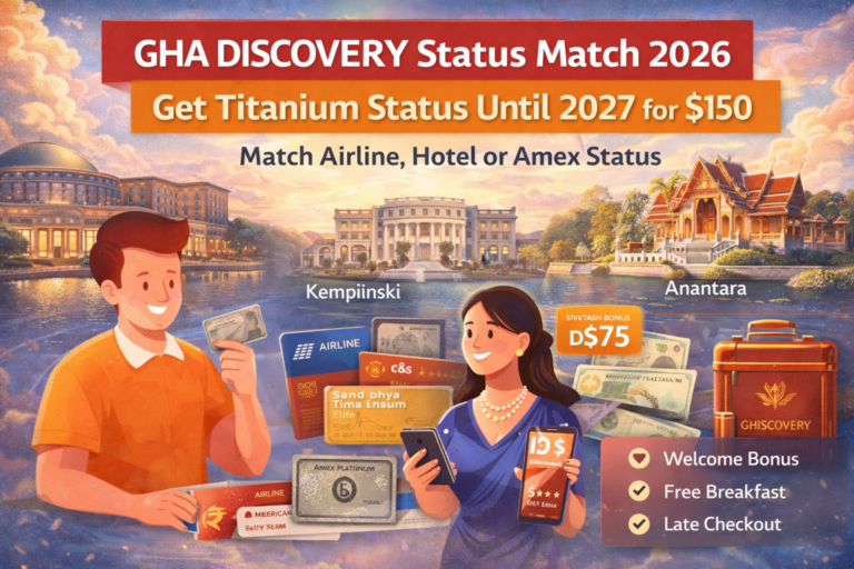 GHA DISCOVERY status match promotion offering Titanium elite status until 2027 with D$75 welcome bonus and luxury hotel benefits.