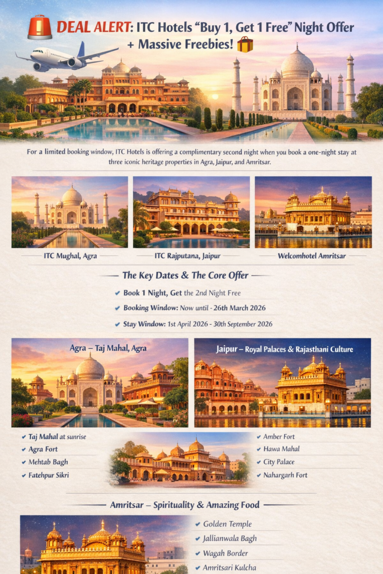 ITC Hotels Buy 1 Get 1 Free night offer featuring Taj Mahal Agra, ITC Rajputana Jaipur and Welcomhotel Amritsar luxury stay promotion.