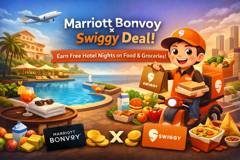 A vibrant 3D illustration showing a Swiggy delivery rider carrying food and groceries next to a luxury Marriott resort swimming pool, with a Marriott Bonvoy card and gold coins, representing the new rewards partnership.