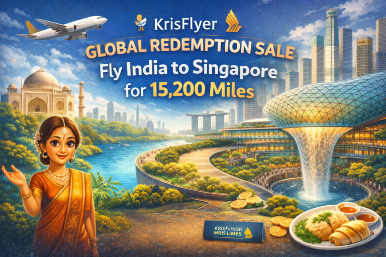 Singapore Airlines KrisFlyer Global Redemption Sale – Fly from India to Singapore for 15,200 miles featuring Jewel Changi Airport Rain Vortex and Singapore skyline.
