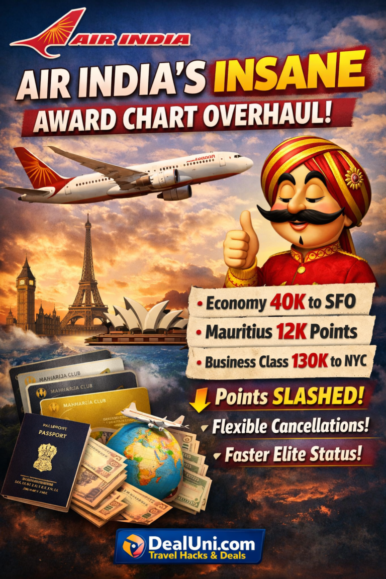 DealUni promotional graphic featuring the Air India Maharaja mascot giving a thumbs up next to the new award chart sweet spots, including Economy to SFO for 40K and Mauritius for 12K. An Air India plane flies over global landmarks alongside Maharaja Club elite tier cards and an Indian passport
