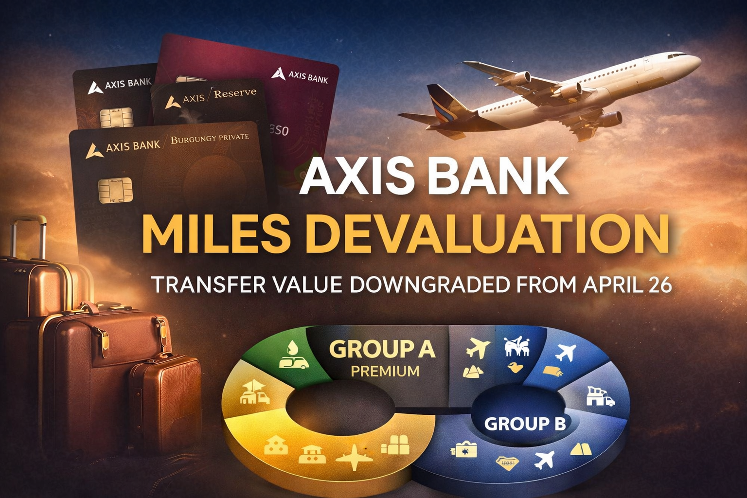 Graphic announcing the Axis Bank Miles Devaluation, displaying premium Axis credit cards like Burgundy Private and Reserve alongside an airplane, vintage luggage, and a segmented chart representing the new Group A and Group B transfer partners.
