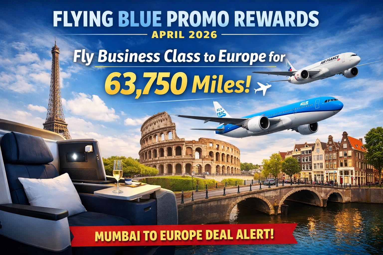Promotional graphic for the April 2026 Flying Blue Promo Rewards showing a luxury Business Class seat alongside European landmarks like the Eiffel Tower, Colosseum, and Amsterdam canals. Air France and KLM planes fly overhead with text reading 'Fly Business Class to Europe for 63,750 Miles! Mumbai to Europe Deal Alert!