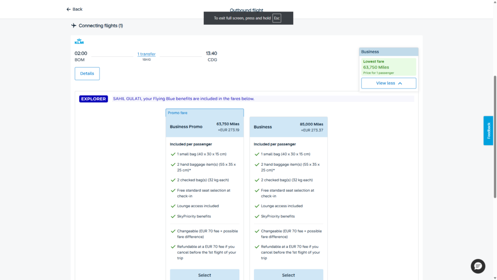 Flying Blue promo reward business class pricing from Mumbai to Paris showing 63,750 miles plus taxes on KLM flight