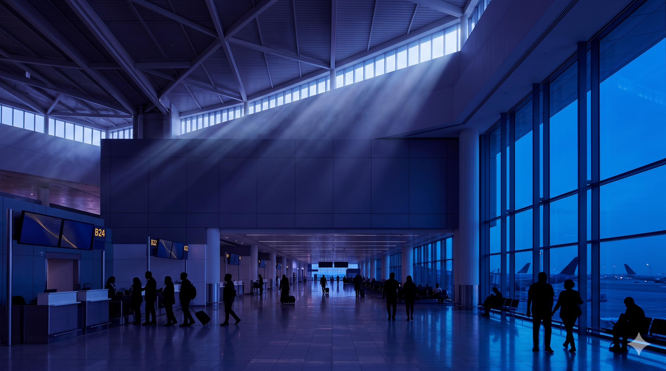 Dubai airport terminal interior with high ceilings and silhouetted passengers at gate windows.