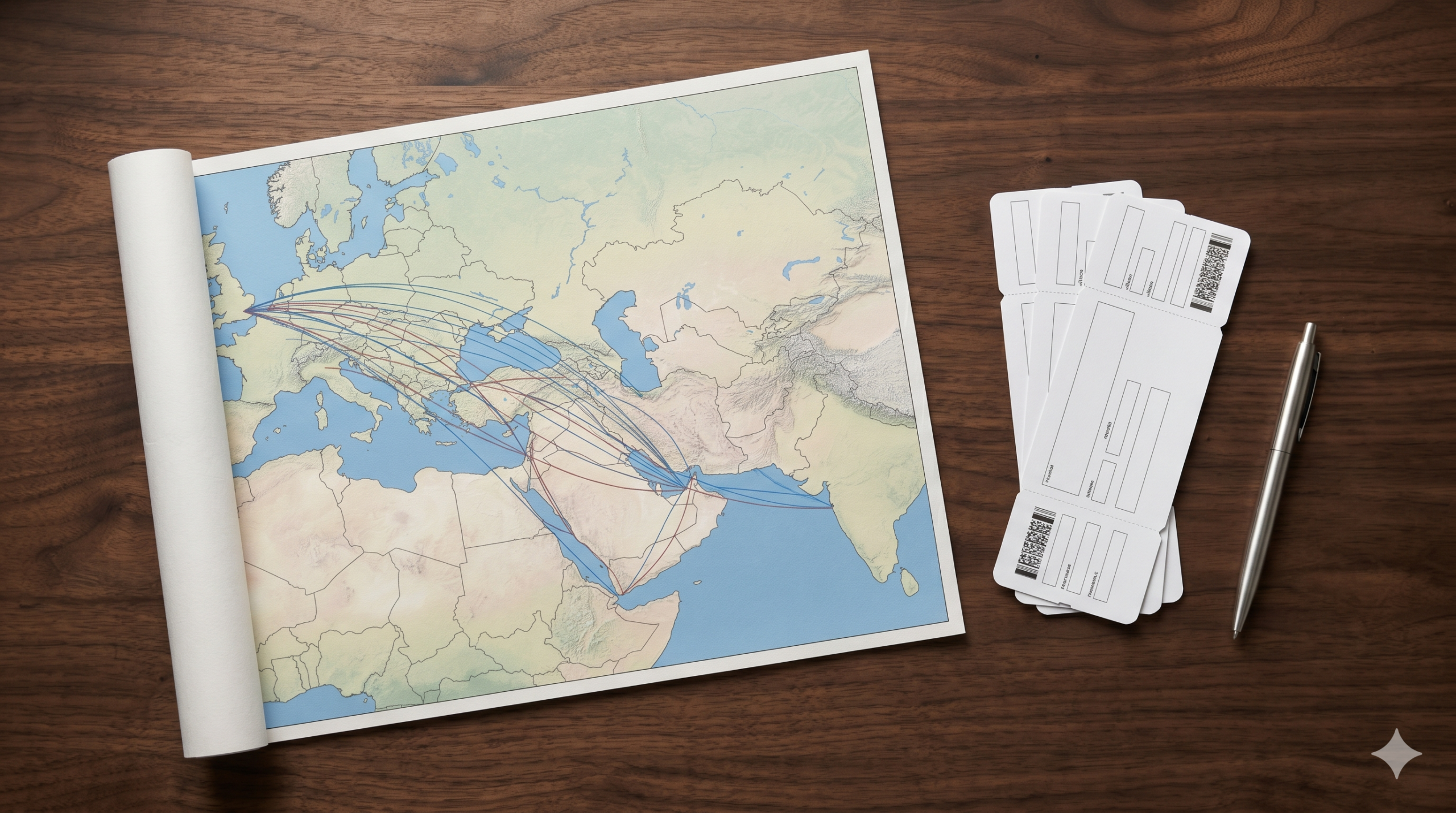 Flat-lay of a flight route map, boarding passes, and metal pen on a dark wooden desk.