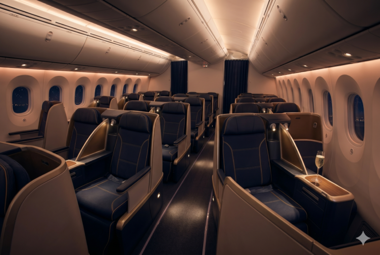 A luxurious business class airplane cabin with warm ambient lighting and a glass of champagne, representing the Emirates Skywards Classic Rewards that just got 15% more expensive.
