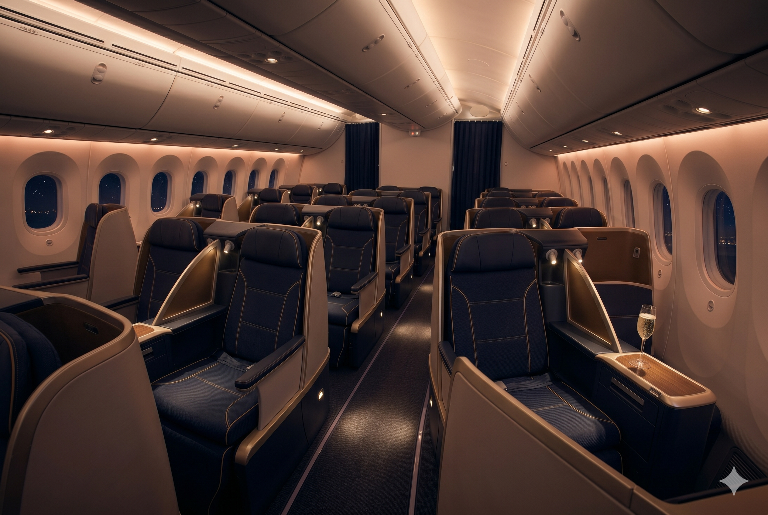 A luxurious business class airplane cabin with warm ambient lighting and a glass of champagne, representing the Emirates Skywards Classic Rewards that just got 15% more expensive.