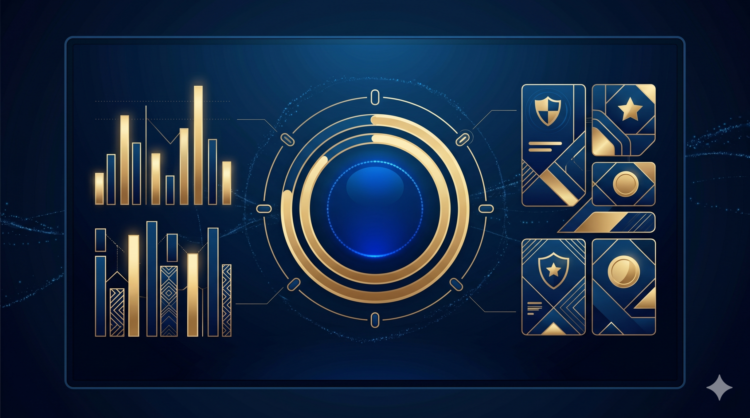 Abstract loyalty program dashboard with bar charts and circular indicators on a dark screen.