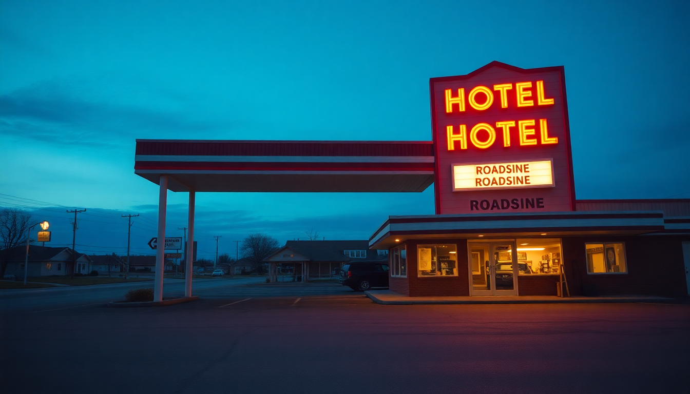A neon-lit roadside motel at dusk representing the mid-market and upper-midscale reality of most Choice Privileges properties like Quality Inn and Sleep Inn.