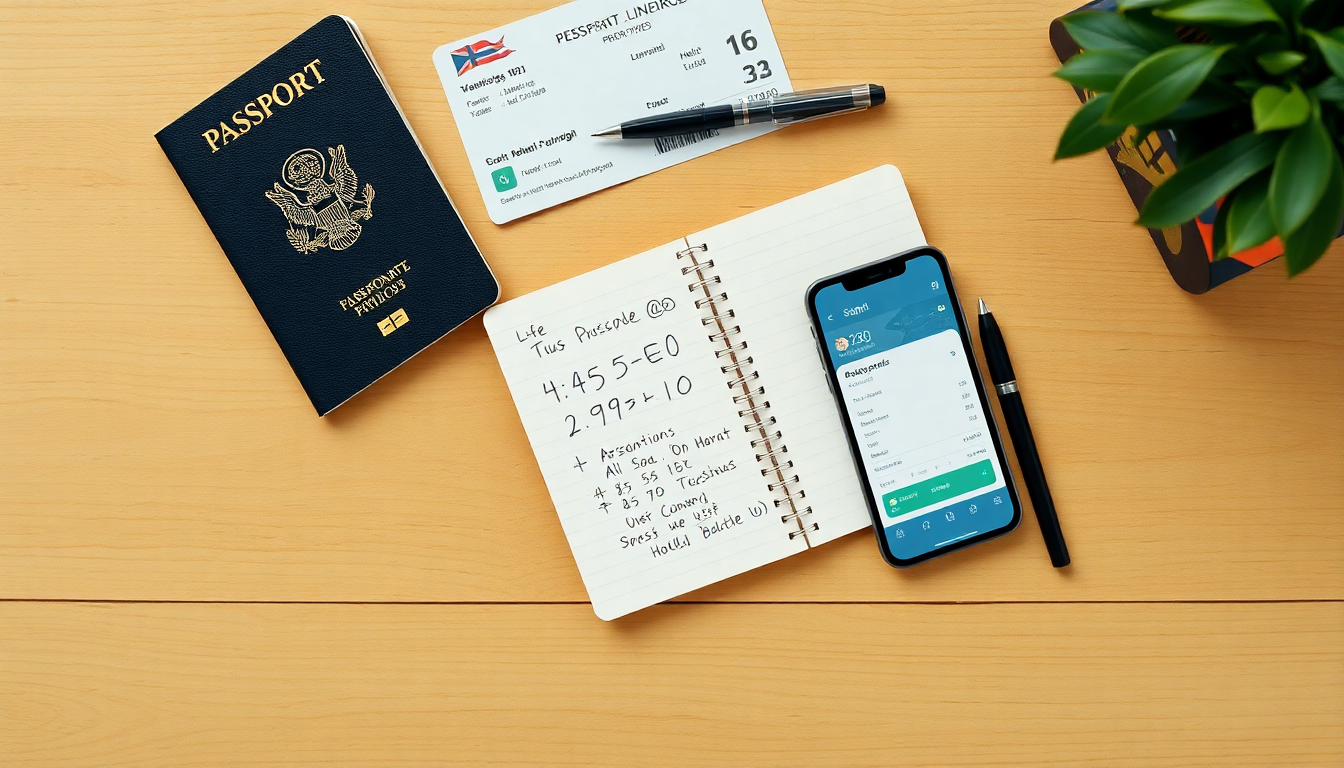 A desk flat lay showing a passport, a smartphone, and a notebook with handwritten calculations, illustrating the math required to check if buying Choice Privileges points is cheaper than cash rates.