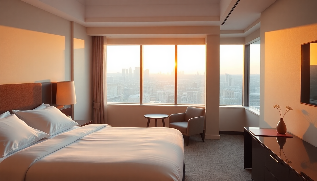 A premium, sunlit hotel room overlooking a sprawling city skyline, representing the high-value Japan sweet spot available through the Choice Privileges points program.