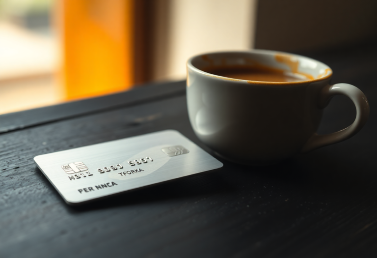 A sleek silver premium credit card resting on a dark wooden table next to a cup of morning filter coffee, representing the lack of transfer options for Indian credit cards to Choice Privileges.