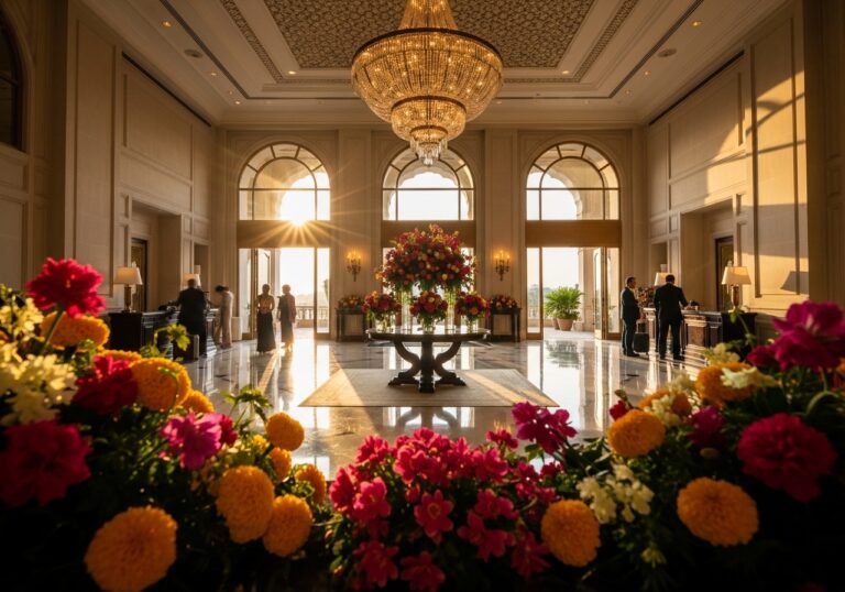 Grand luxury hotel lobby with marble floors, chandelier, and ornate floral arrangements at golden hour.