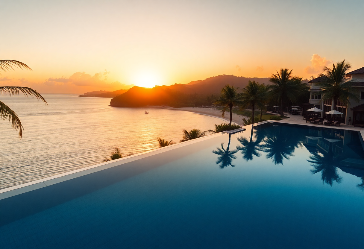 A stunning infinity pool reflecting palm trees overlooking a tropical beach at sunrise, representing the luxury resort redemptions possible with the World of Hyatt buy points promotion.