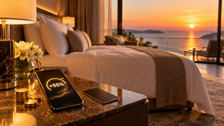 Luxury hotel suite at sunset with a sea view and a smartphone on the bedside table showing a bonus offer