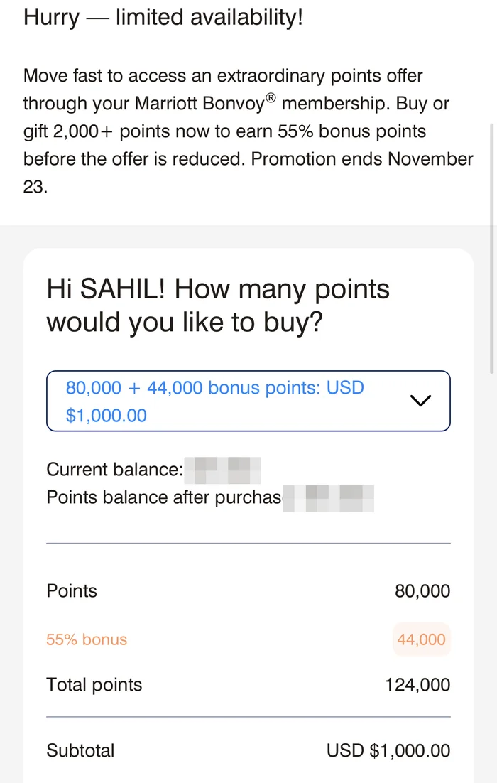 Marriott Bonvoy buy points page on Points.com showing 80,000 points plus 44,000 bonus points for USD 1,000 with a 55% bonus, ending 23 November