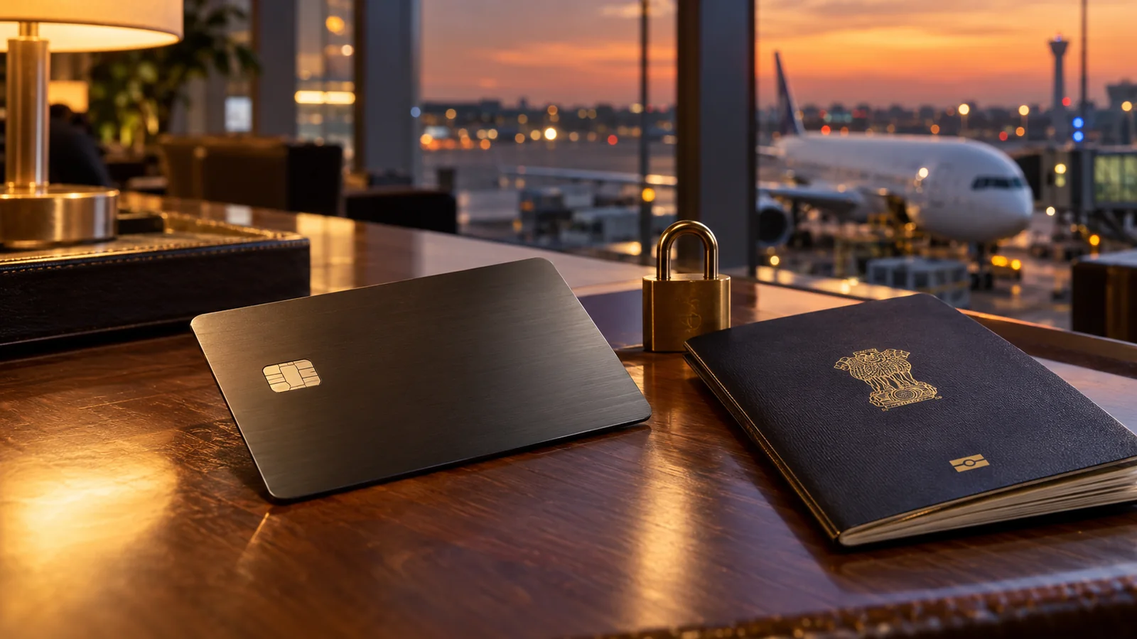 Dark metal credit card, brass padlock and Indian passport on a lounge desk with a plane outside at dusk