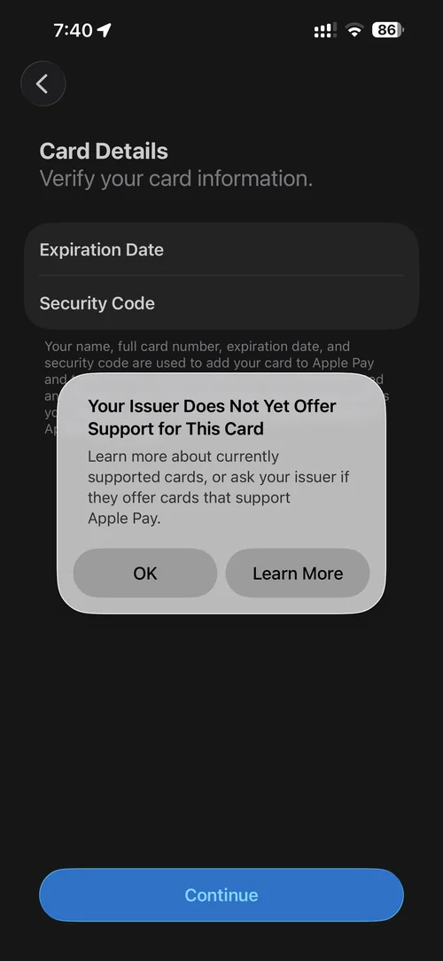 iPhone Wallet error message: Your Issuer Does Not Yet Offer Support for This Card, shown when adding an HDFC Bank credit card to Apple Pay in India