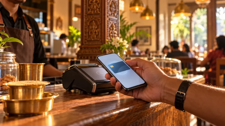 Hand holding a smartphone to a card terminal to tap and pay at an Indian café counter
