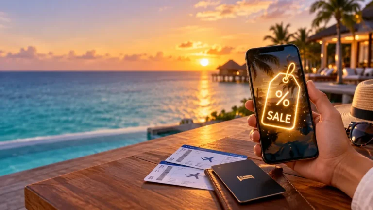 Smartphone showing a glowing sale tag held over boarding passes and a hotel key card at a beach resort at sunset — buying points and miles on sale from India