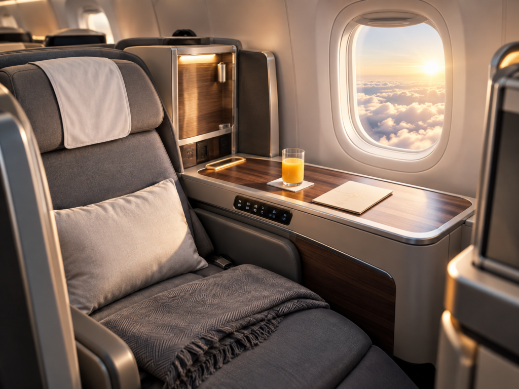 Lie-flat business class window seat with morning light and clouds outside