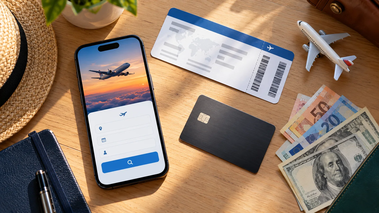 Flat-lay of a smartphone flight app, black credit card, boarding pass, toy plane and euro and dollar notes on a wooden table