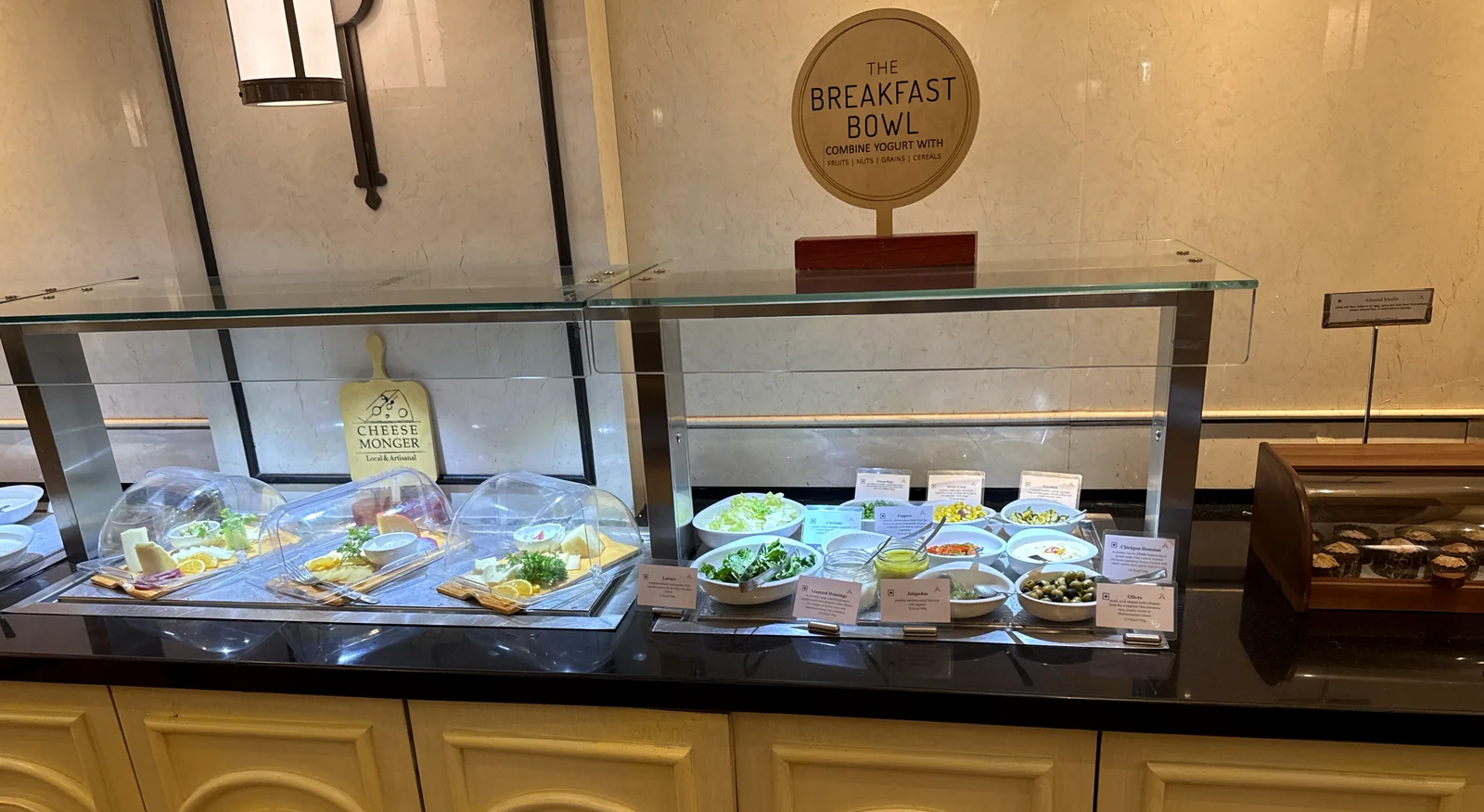 ITC Grand Bharat breakfast buffet with cheesemonger counter, breakfast bowl and salad bar