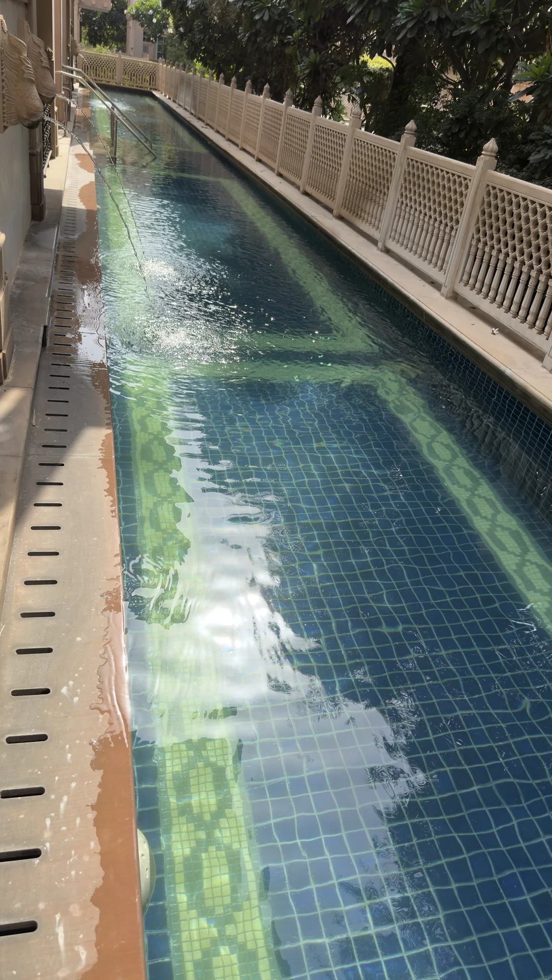Semi-private lap pool of the Luxury Suite at ITC Grand Bharat with carved stone jali railing and elephant-head water spouts