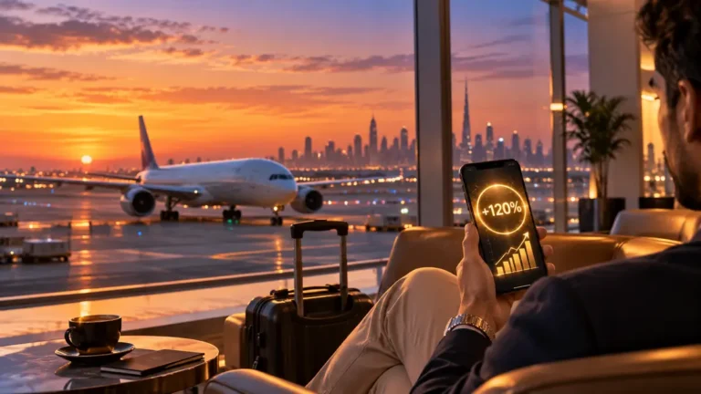 Traveller in an airport lounge at sunset holding a phone showing a glowing +120% bonus, with a jet on the tarmac and a city skyline behind