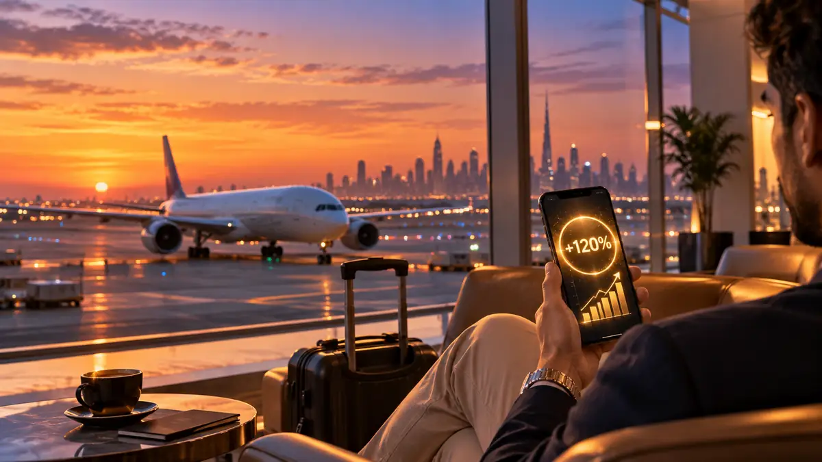 Traveller in an airport lounge at sunset holding a phone showing a glowing +120% bonus, with a jet on the tarmac and a city skyline behind