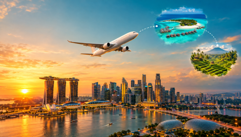 Jet climbing over the Singapore skyline at sunset with a flight path to the Maldives and Bali