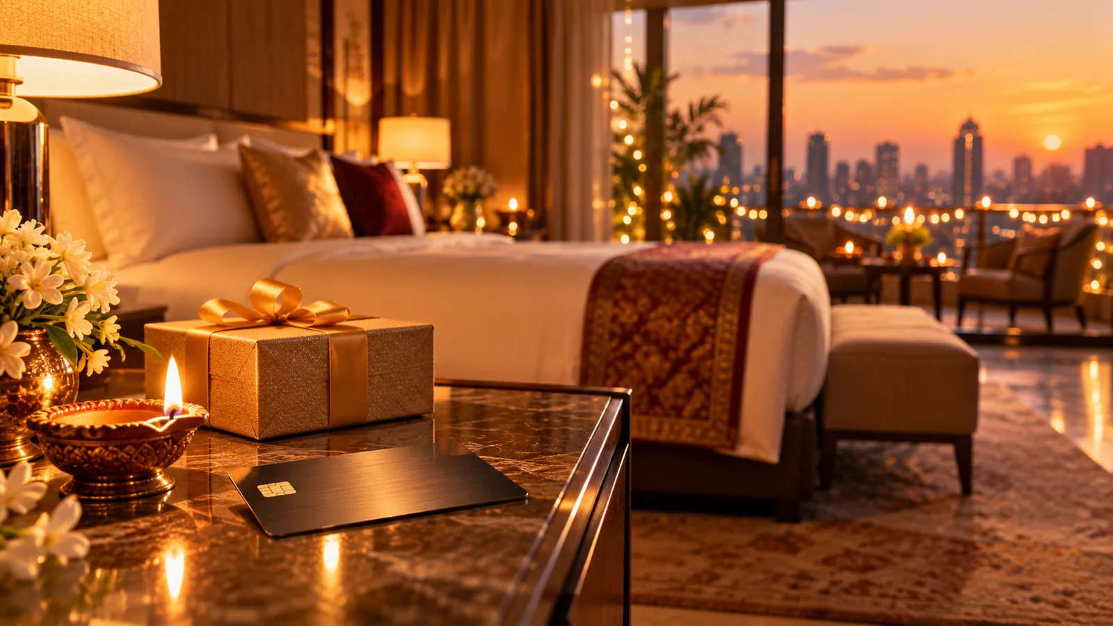 Festive luxury hotel room at sunset with a metal credit card, a gold gift box and a lit diya on the bedside table