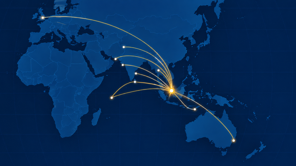 Map of flight routes from Singapore to Chennai, Delhi, Mumbai, Male, Colombo, Bali, Bangkok, Sydney and London