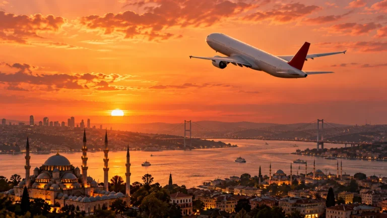 Passenger jet climbing over Istanbul's Bosphorus bridges and mosque domes at sunset