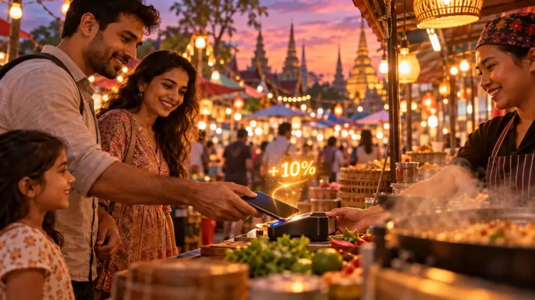 Indian family at a lively Asian night market at dusk, one person tapping an Android phone on a payment terminal at a food stall with a glowing +10% above it