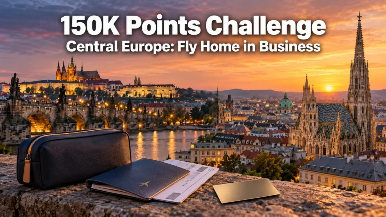 Charles Bridge and Prague Castle beside St. Stephen's Cathedral in Vienna at sunset, with a passport, boarding pass, amenity kit and metal card, titled 150K Points Challenge: Central Europe, Fly Home in Business