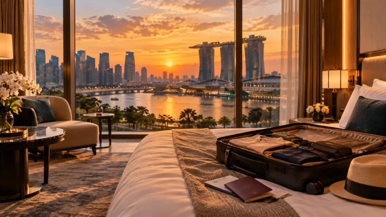 Luxury hotel room with an open suitcase and passport on the bed, overlooking the Singapore skyline at sunset