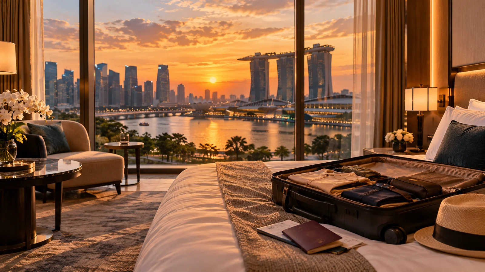 Luxury hotel room with an open suitcase and passport on the bed, overlooking the Singapore skyline at sunset
