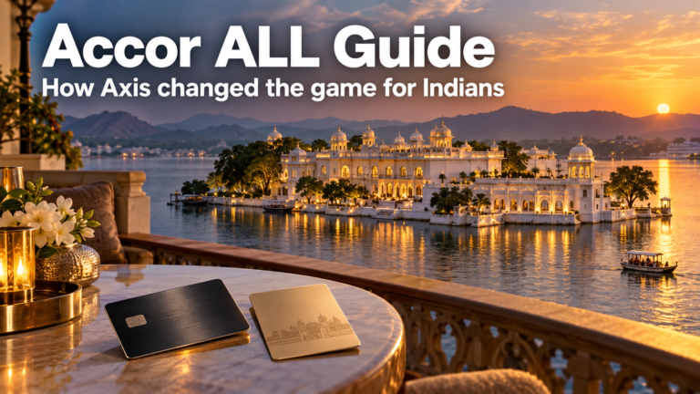 Lake palace hotel in Udaipur at golden hour with a key card and credit card, headline Accor ALL Guide